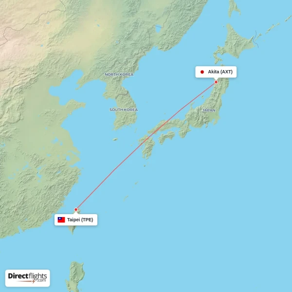 Taipei - Akita direct flight map
