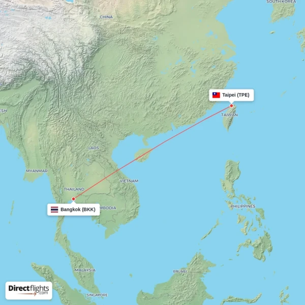 Taipei - Bangkok direct flight map