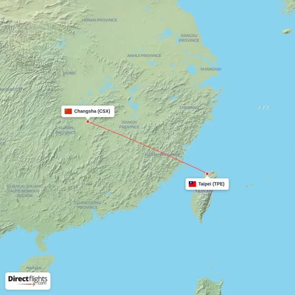 Taipei - Changsha direct flight map