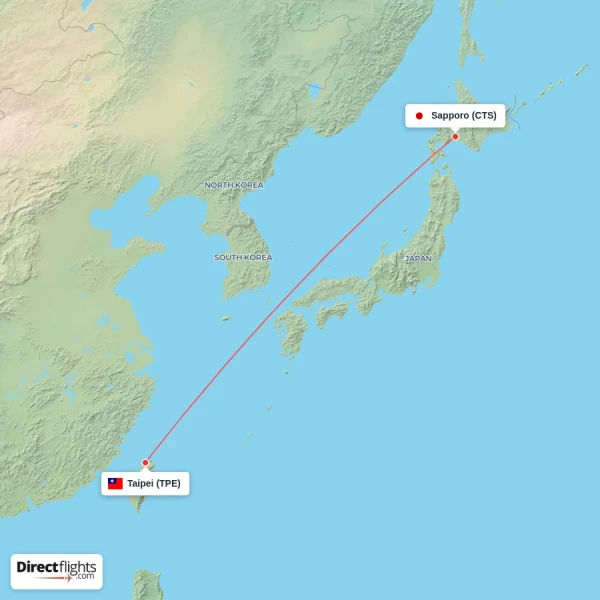 Taipei - Sapporo direct flight map