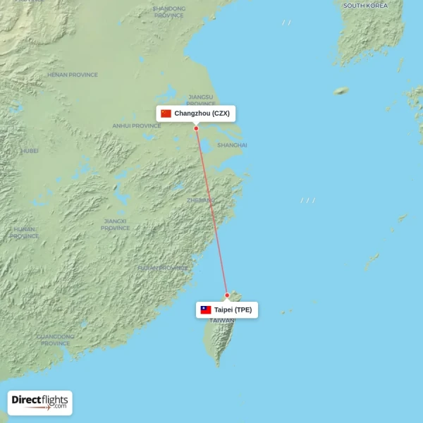 Taipei - Changzhou direct flight map