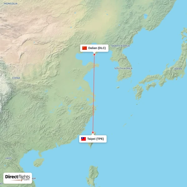 Taipei - Dalian direct flight map