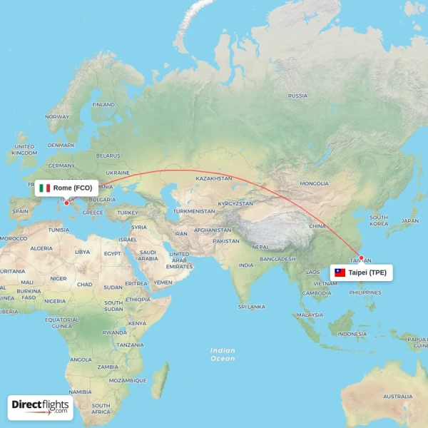 Taipei - Rome direct flight map