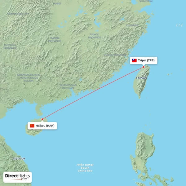 Taipei - Haikou direct flight map