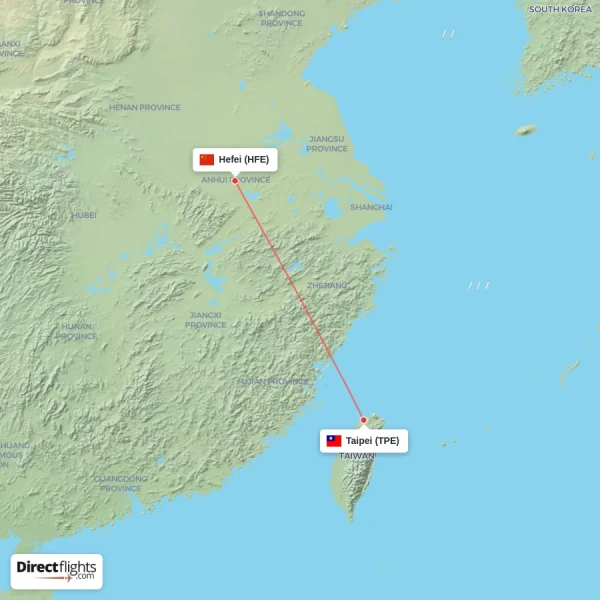 Taipei - Hefei direct flight map