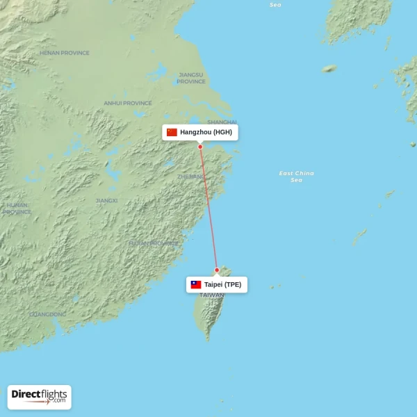 Taipei - Hangzhou direct flight map
