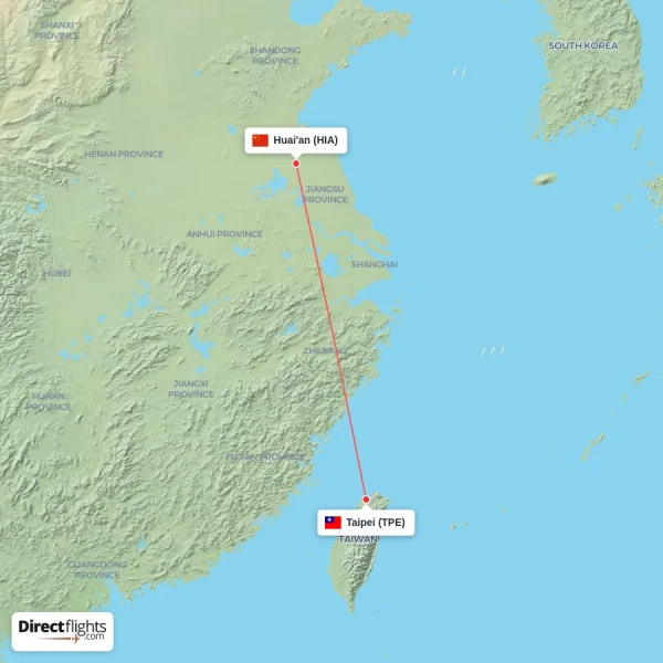 Taipei - Huai'an direct flight map
