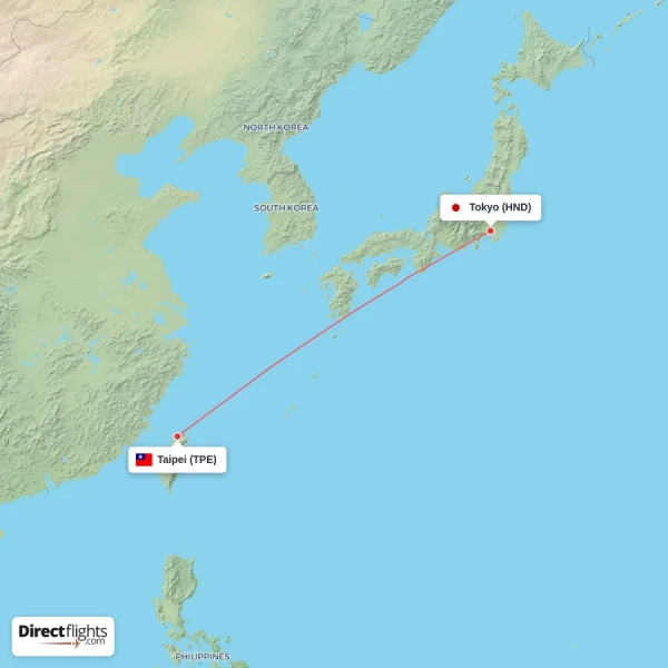 Taipei - Tokyo direct flight map