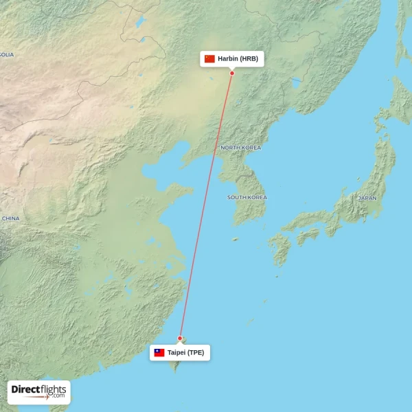 Taipei - Harbin direct flight map