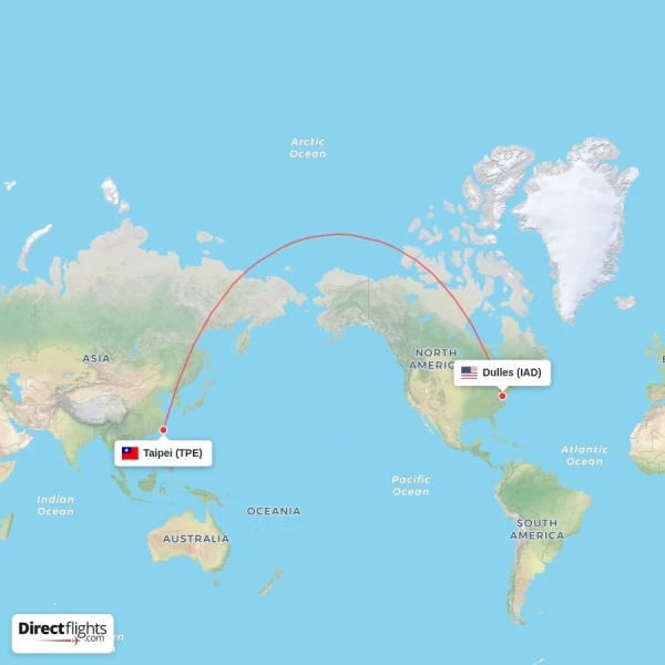 Taipei - Dulles direct flight map