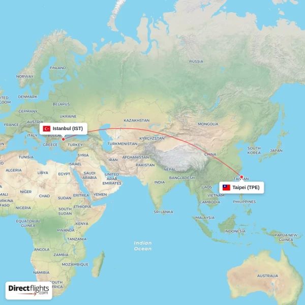 Taipei - Istanbul direct flight map