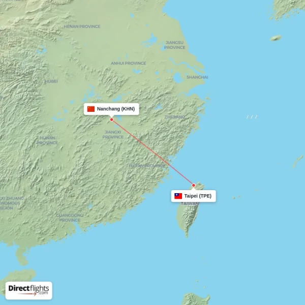 Taipei - Nanchang direct flight map