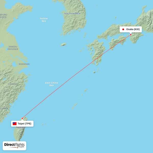 Taipei - Osaka direct flight map