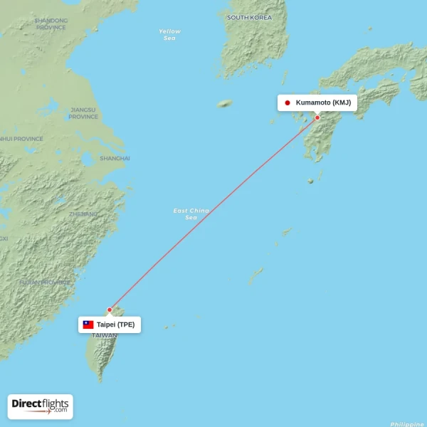 Taipei - Kumamoto direct flight map