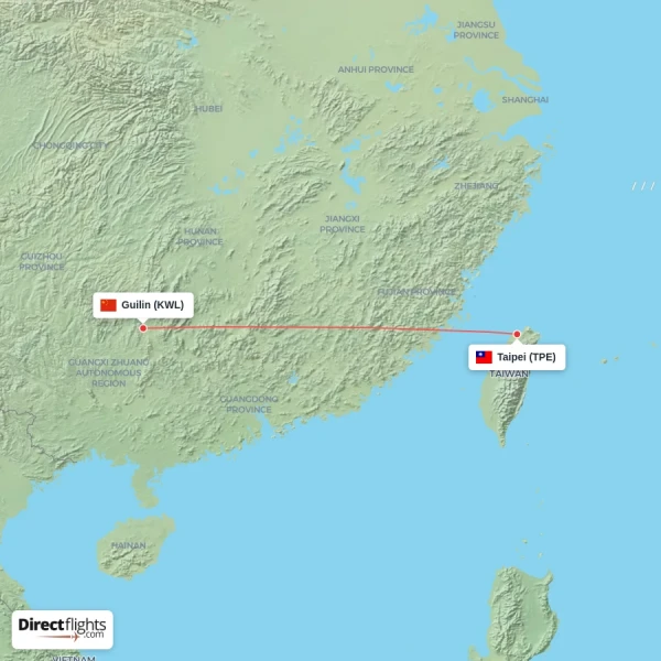 Taipei - Guilin direct flight map