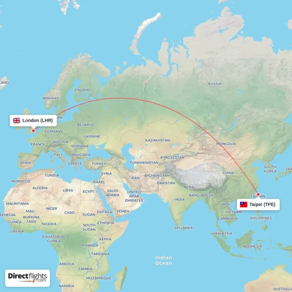 Taipei - London direct flight map