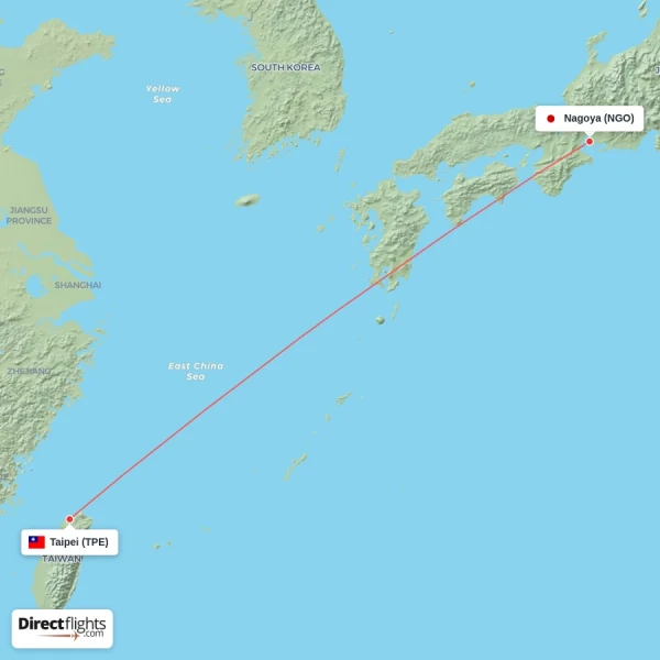 Taipei - Nagoya direct flight map