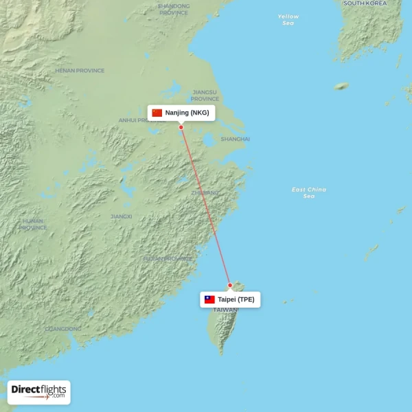Taipei - Nanjing direct flight map