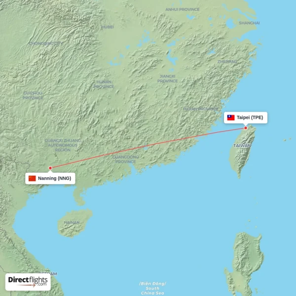 Taipei - Nanning direct flight map