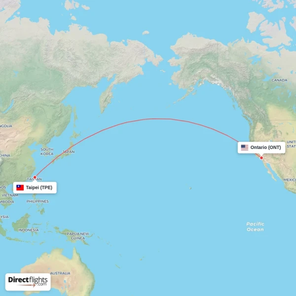 Taipei - Ontario direct flight map