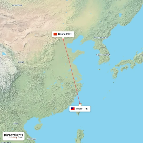 Taipei - Beijing direct flight map