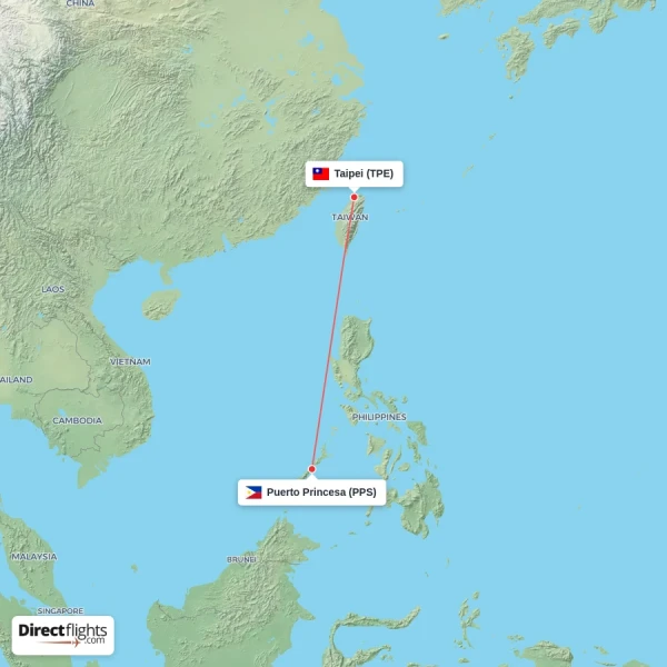 Taipei - Puerto Princesa direct flight map