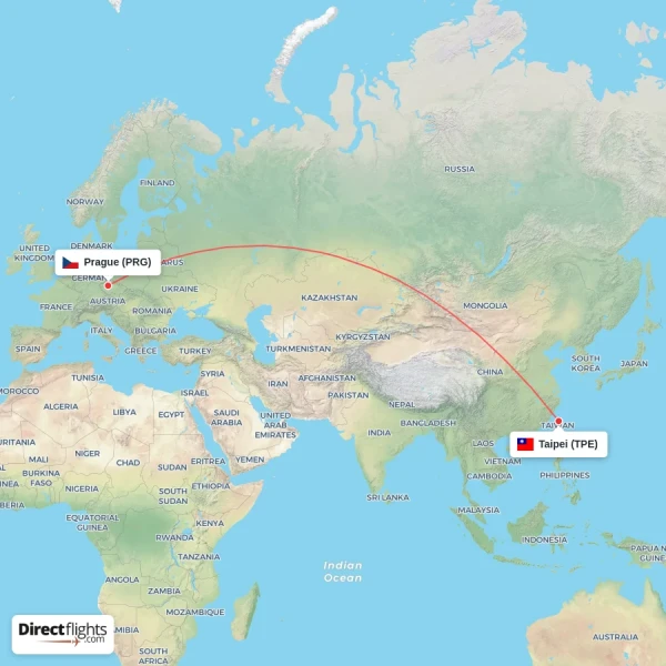 Taipei - Prague direct flight map