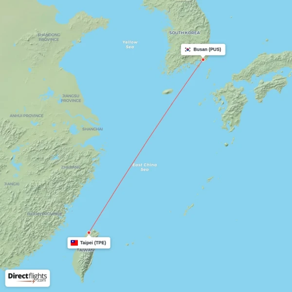 Taipei - Busan direct flight map