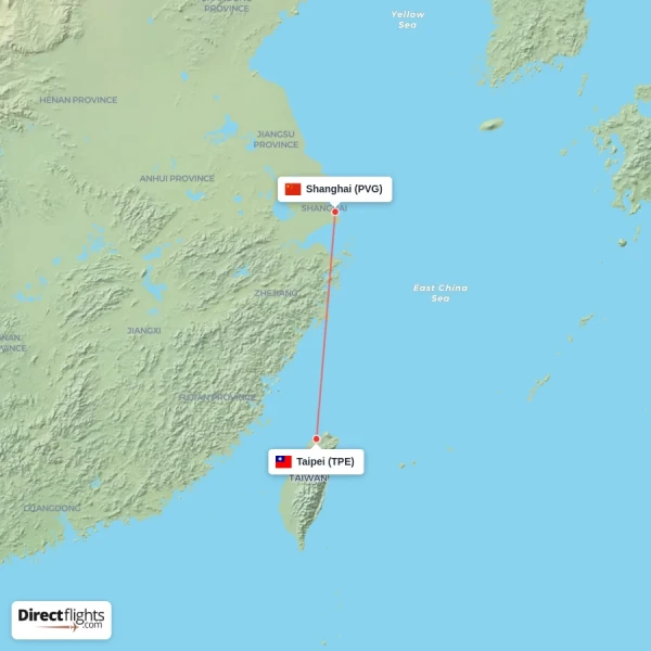 Taipei - Shanghai direct flight map
