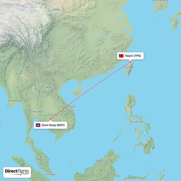 Taipei - Siem Reap direct flight map