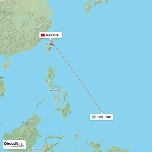 Taipei - Koror direct flight map