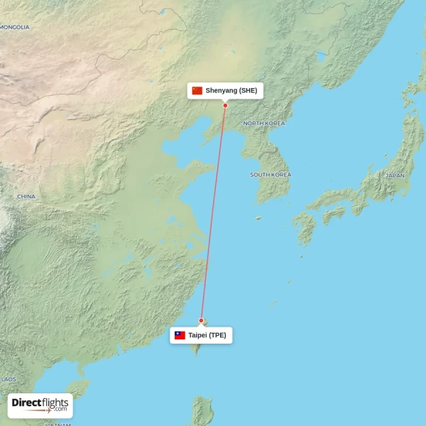 Taipei - Shenyang direct flight map