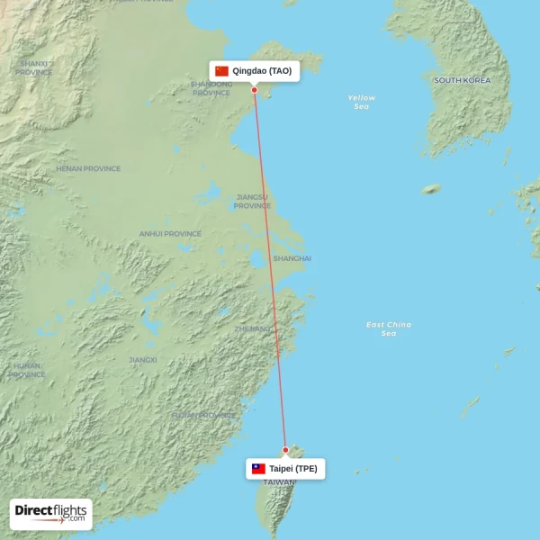 Taipei - Qingdao direct flight map