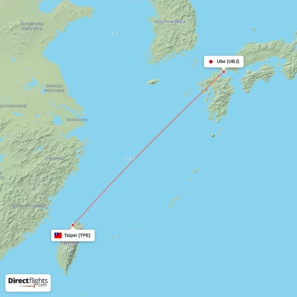 Taipei - Ube direct flight map