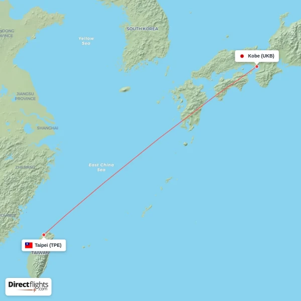 Taipei - Kobe direct flight map