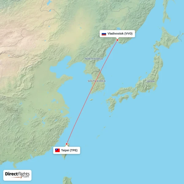 Taipei - Vladivostok direct flight map