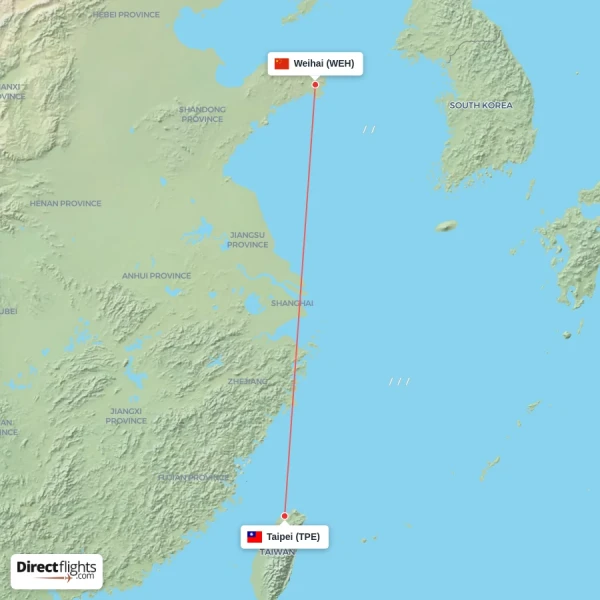 Taipei - Weihai direct flight map