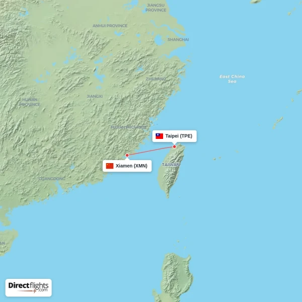 Taipei - Xiamen direct flight map
