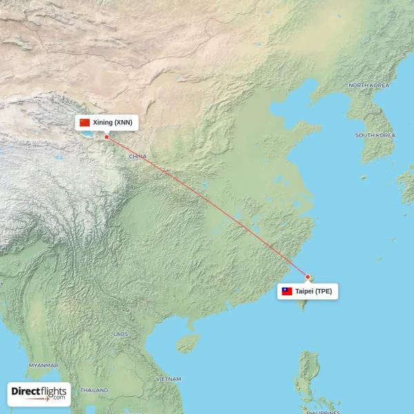 Taipei - Xining direct flight map