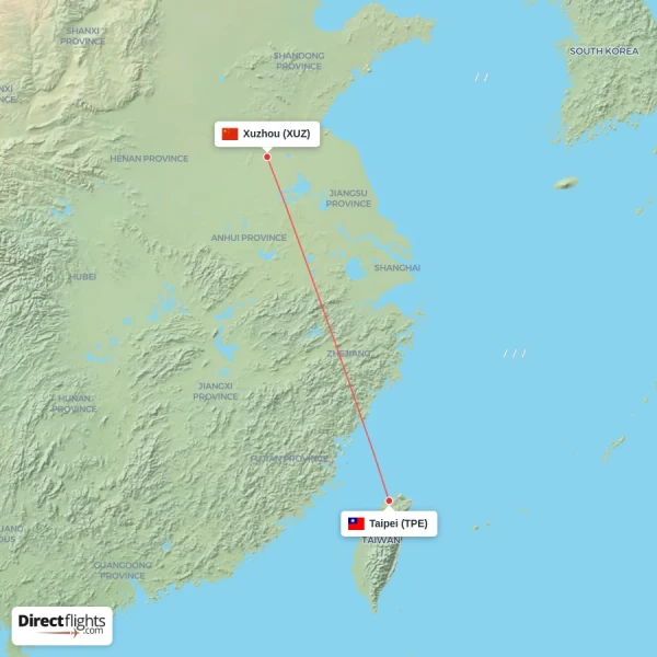 Taipei - Xuzhou direct flight map