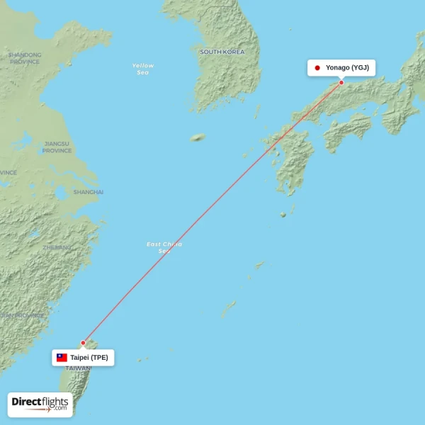 Taipei - Yonago direct flight map