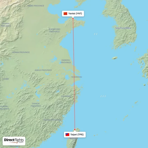 Taipei - Yantai direct flight map