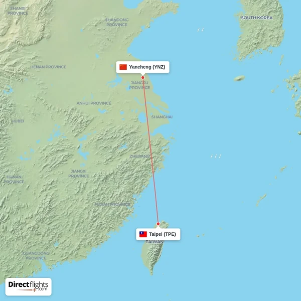 Taipei - Yancheng direct flight map