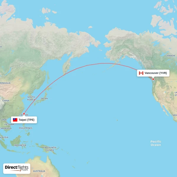 Taipei - Vancouver direct flight map