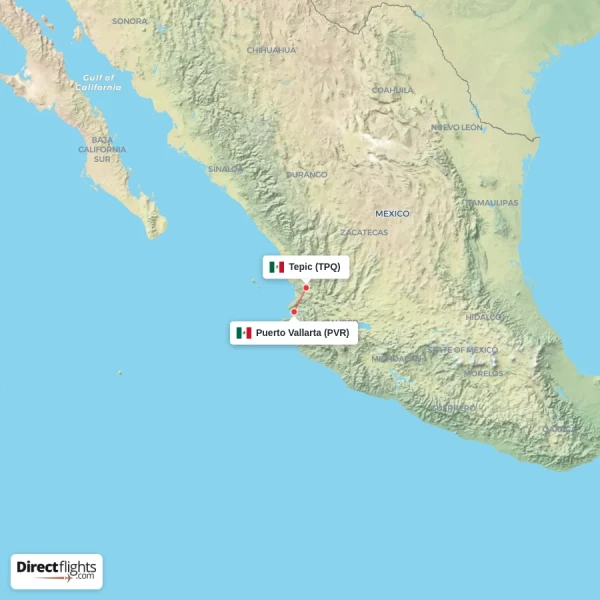 Tepic - Puerto Vallarta direct flight map