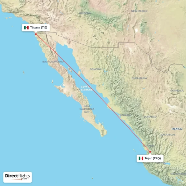Tepic - Tijuana direct flight map