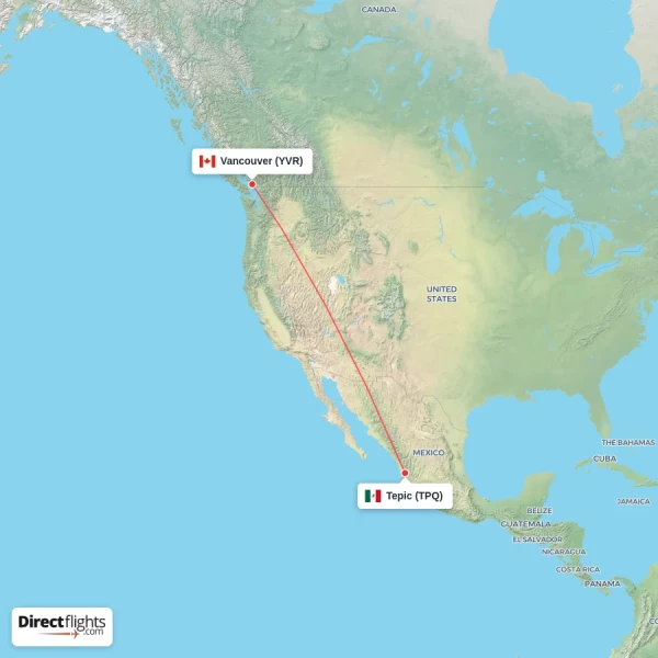 Tepic - Vancouver direct flight map