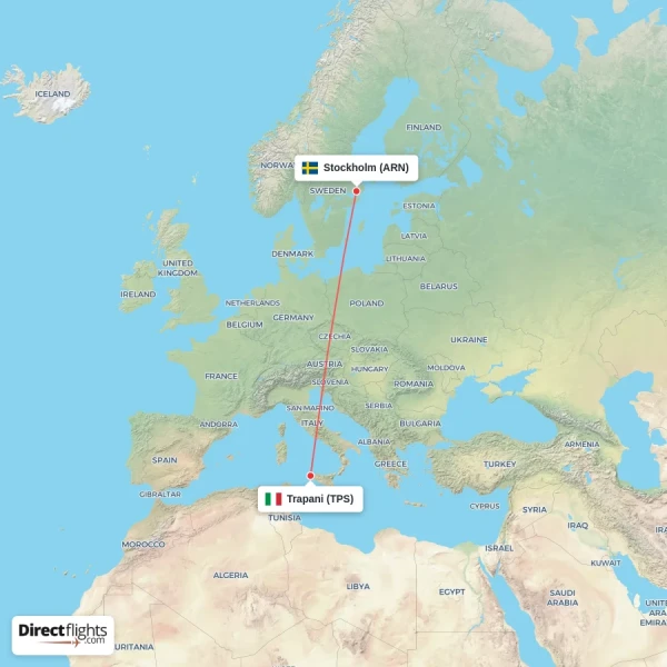 Trapani - Stockholm direct flight map