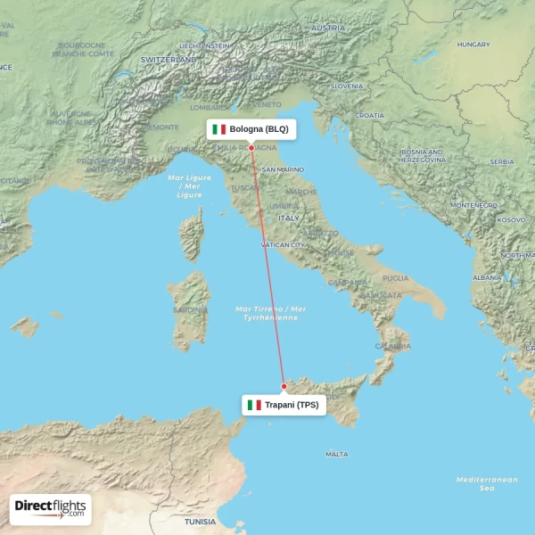 Trapani - Bologna direct flight map