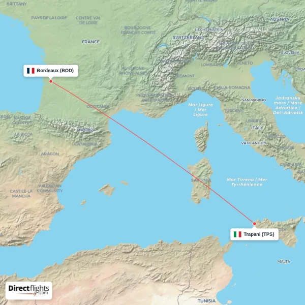 Trapani - Bordeaux direct flight map